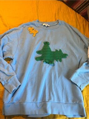 Tibi Light Blue Sweatshirt with Green Crocodile Patch and Yellow Accent